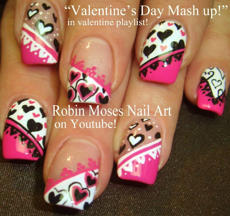 5 Nail Art Tutorials | DIY Valentine Nail Art | Pink Black & White Hearts mix & Match!!!