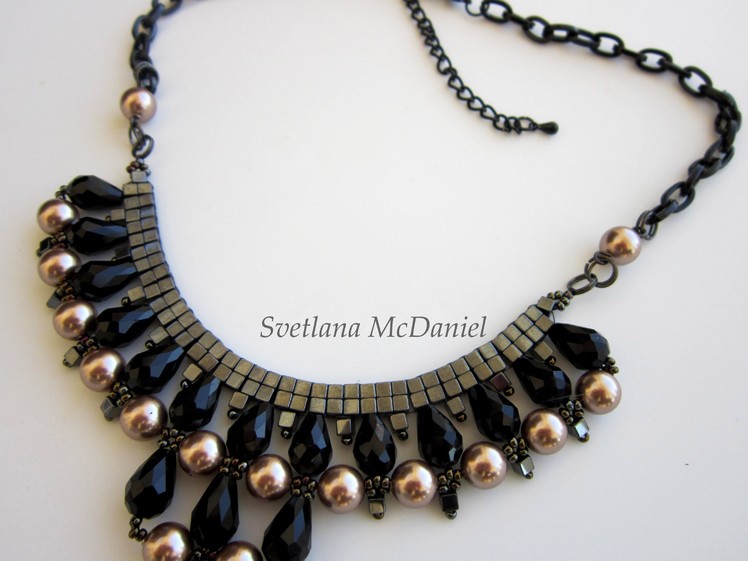 Beaded Chain Necklace with Sw pearls , crystals, seed beads. Колье из жемчуга.
