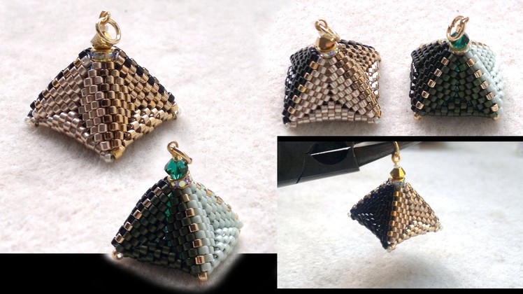 Beading4perfectionists : 3D Beaded pyramid pendant or earrings. Triangle & RAW beading tutorial
