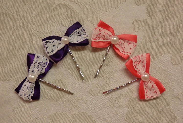 DIY bow hairpins with lace, easy ribbon hairbows tutorial,how to