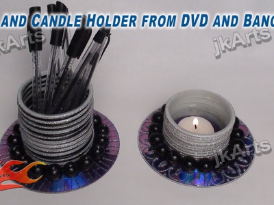 DIY How to make Pen and Candle Holder from DVD and Bangles -  JK Arts 312