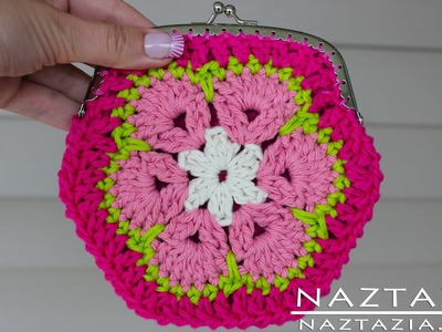 DIY Learn How To Crochet African Flower Granny Hexagon Coin Change Purse with Snap Frame