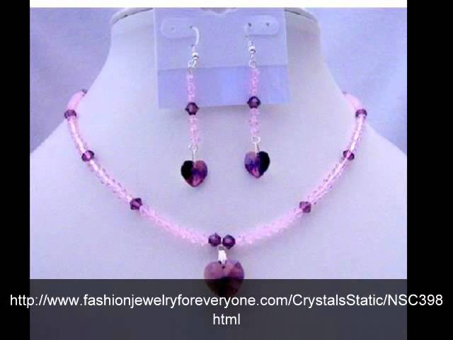 Amethyst Crystals Heart Pendant & Earrings Swarovski Beaded Jewelry by FashionJewelryForEveryone.Com