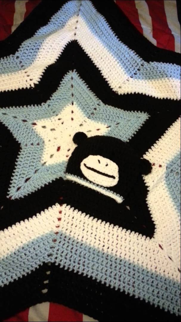 Crochet Star Baby Blanket with Baby Monkey Hat