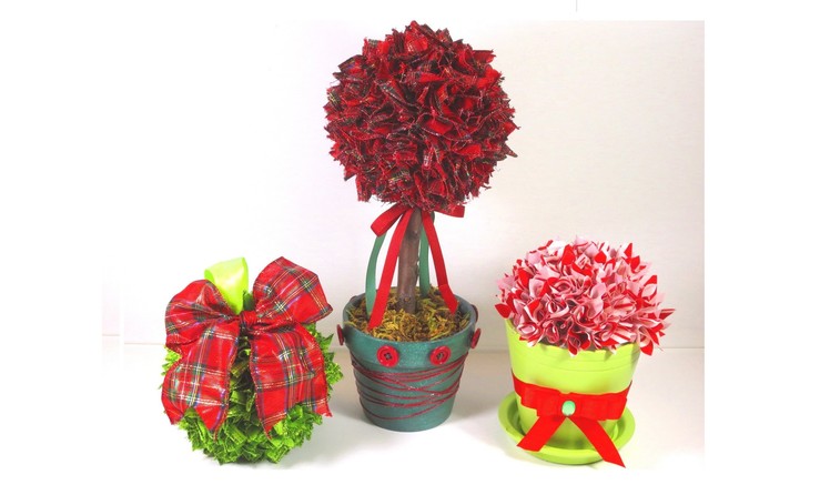 DIY Christmas Tree Ribbon Topiary and Ornament Decorations