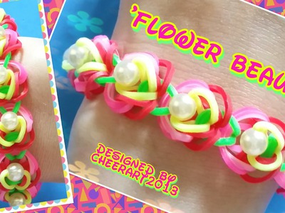 Diy loom bands 'Flower Beauty' bracelet with beads rainbow loom tutorial彩虹橡筋手繩教學