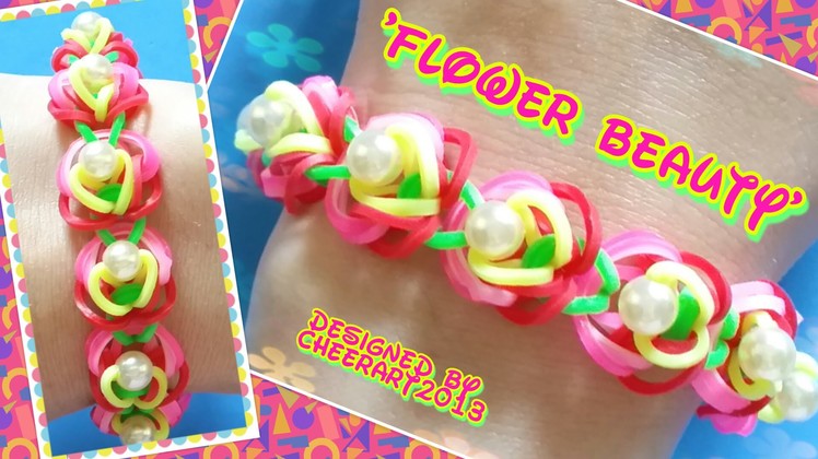 Diy loom bands 'Flower Beauty' bracelet with beads rainbow loom tutorial彩虹橡筋手繩教學