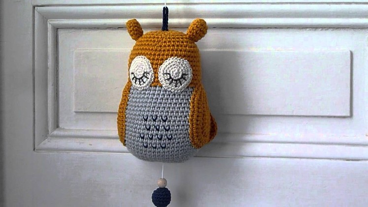 Musical Soft Toy "Little Owl". crochet. yellow mustard, blue grey