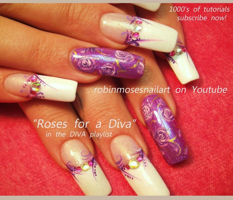 Purple Roses with Bling Nail Art