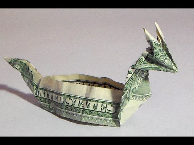 Dollar origami dragon boat (instruction), money origami, $1 bill origami, dollar bill origami