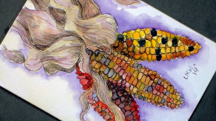 How to Paint Decorative Corn in Watercolor.Pen & Ink-Craft for Thanksgiving
