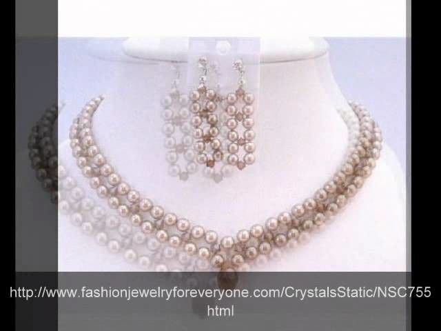 Class 3 Strand Swarovski Bronze Pearls Smoked Crystals Necklace by FashionJewelryForEveryone.com