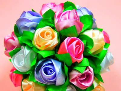 Мастер-класс: Бутоны Роз в Букет-Шар.  Ribbon Rose, Bouquet-Ball. ✿ NataliDoma