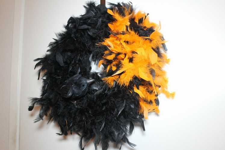 DIY Crow Feathered Boa Halloween Wreath Tutorial with CookingAndCrafting