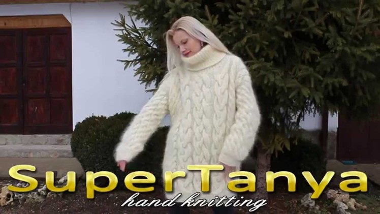 16.01.2013 Ivory off white hand knitted rich cable decorated mohair T-neck sweater by SuperTanya