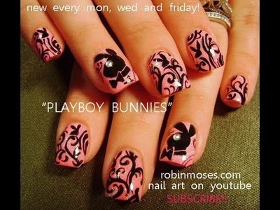 Nail Art Design | DIY Playboy Bunny Nails | Pink and Black Filigree Tutorial