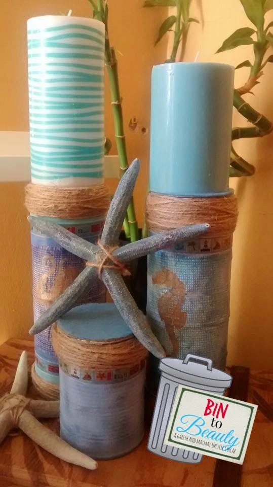 Video 2 of 5 Bin to Beauty an Upcycle series with Maymay: Tin can to candle stand nautical craft DIY