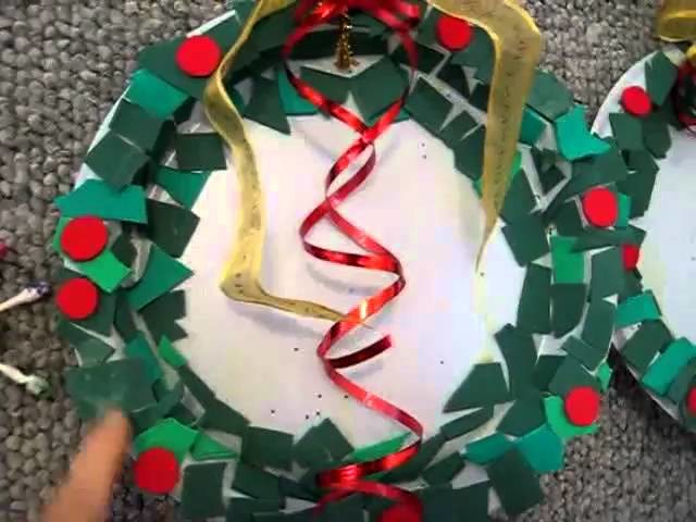 Christmas.Arts and Crafts: Colored paper, disposable plate, ribbon Wreath