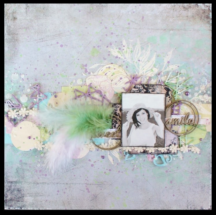 Soft colored mixed media layout Panpastel background and home depot colorsamples.