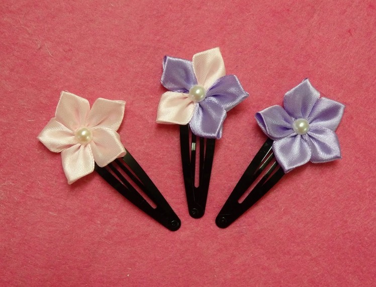 DIY kanzashi flower hairclips,ribbon flowers tutorial,how to make,kanzashi flores de cinta