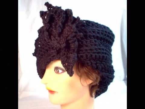LAUREN Unique Crochet Cloche Hat with Flower in Black Cotton