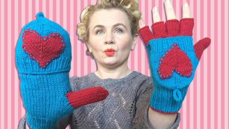 THE LOVE GLOVES - Knitted Appliqued Heart Gloves With Individual Fingers & Flaps.