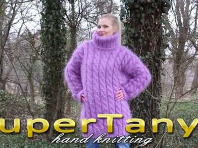 11.02.2013 Purple hand knitted rich cable decorated mohair T-neck sweater by SuperTanya