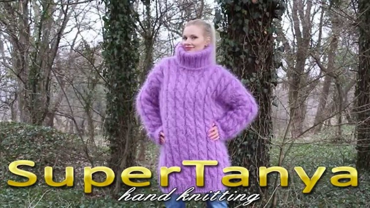 11.02.2013 Purple hand knitted rich cable decorated mohair T-neck sweater by SuperTanya