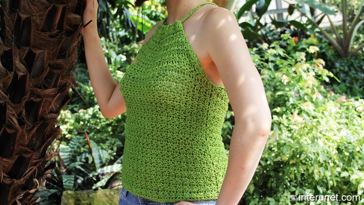 How to crochet a women's summer top using green wildflowers pattern