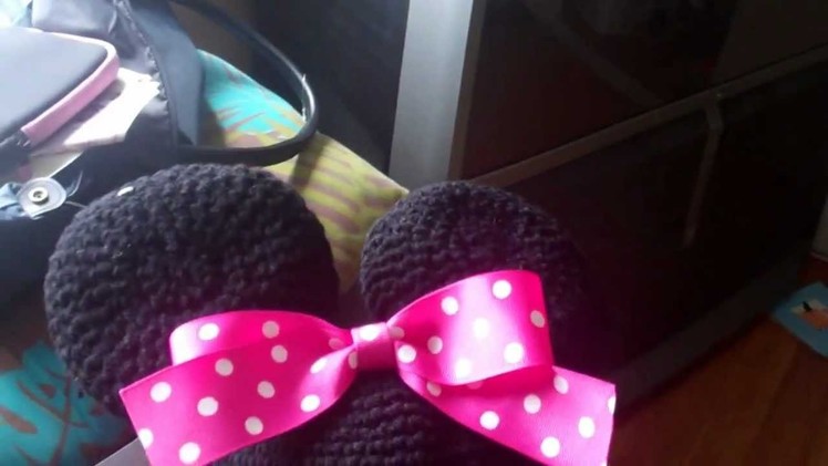 Crochet Minnie Mouse beanie with earflaps.
