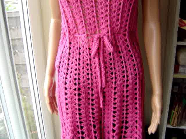 Colourful Crochet Vest, and pink dress made from a vintage pattern