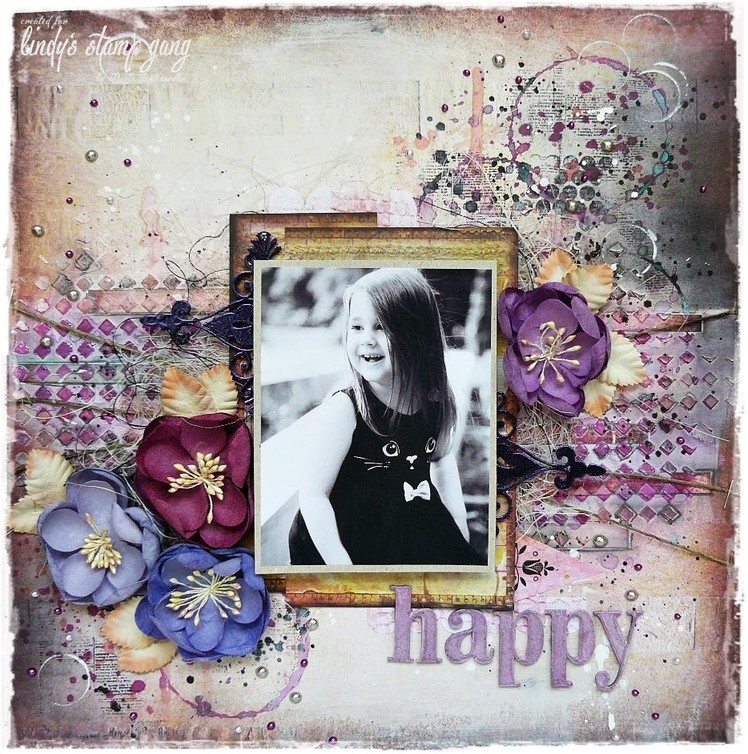 'Happy' start to finish mixed media layout for Lindy's Stamp Gang