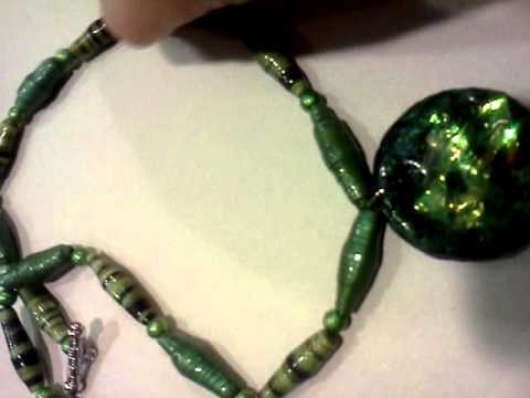 Paper Beads: Green Necklace Faux Dichroic Glass