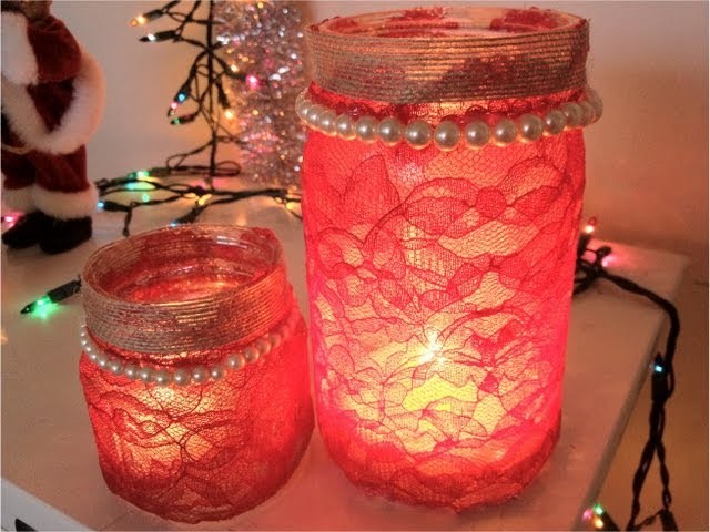 DIY Christmas Gifts: Mason Jar Candle Holder -  Lace Covered (Day 26)