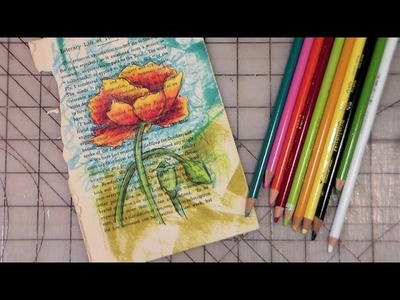 Freehand poppy on a bookpage colored pencil tutorial