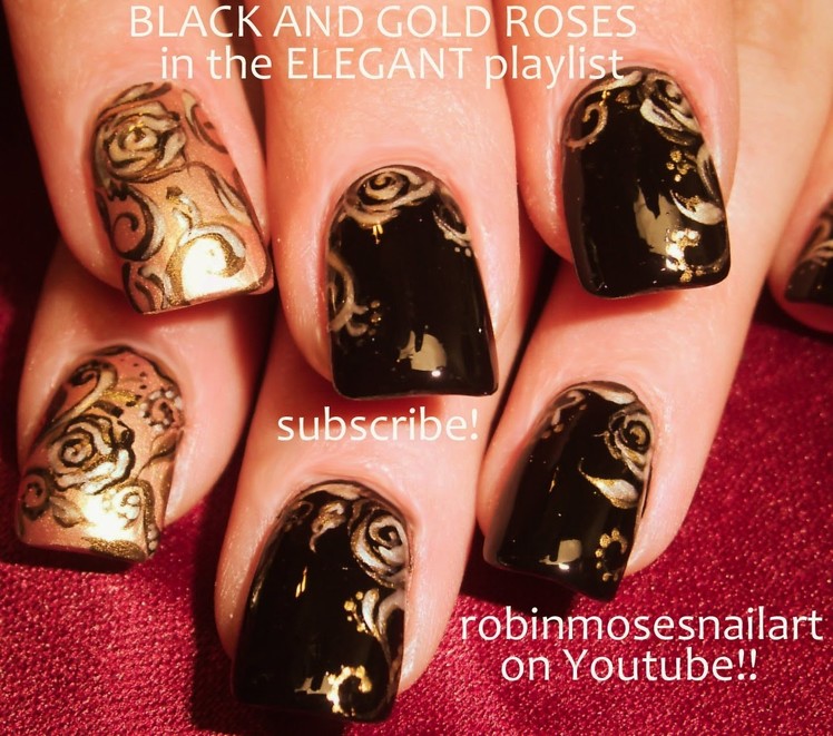 Nail Art Tutorial | DIY Rose Nail Design | Black and Gold Rose Nails