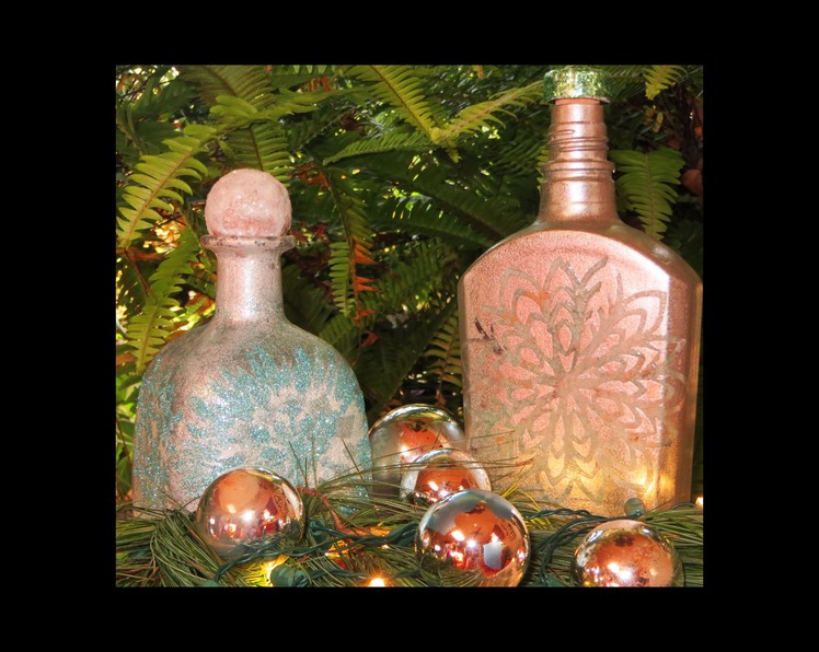 DIY Upcycle Patron Liquor Bottle Faux frosted glass & Snowflake 1