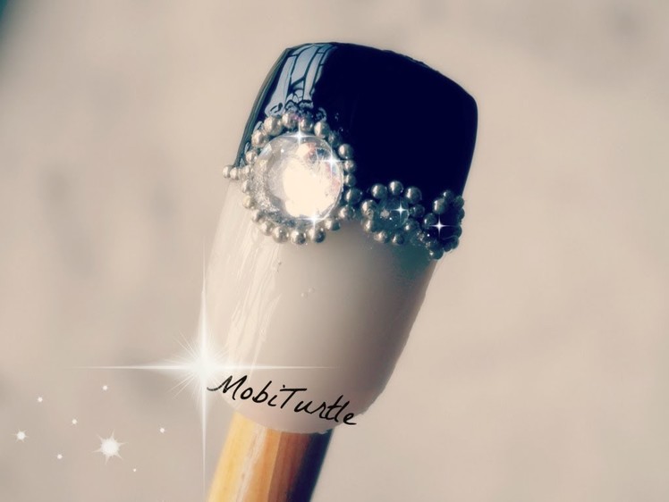 Stylish Glamorous Black French Tip Rhinestones Gems Beads Prom Nail Art | Step by Step Tutorial