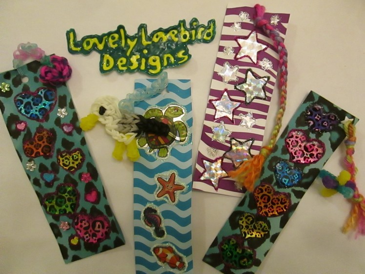 DIY Crafts Bookmark with Scrapbook Paper, Stickers, Glitter Glue with Rainbow Loom Charms.