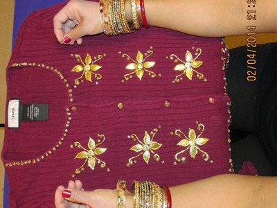 CARDIGAN DECORATING IDEAS: DECORATE YOUR CARDIGAN WITH BEADS, SEQUINS AND GOLDEN LEAFS.
