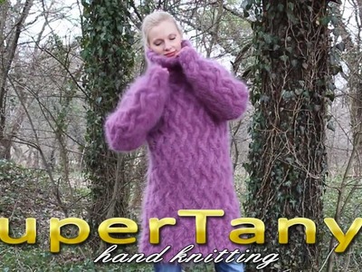 11.02.2013 Purple rich cable decorated hand knitted mohair T-neck sweater by SuperTanya