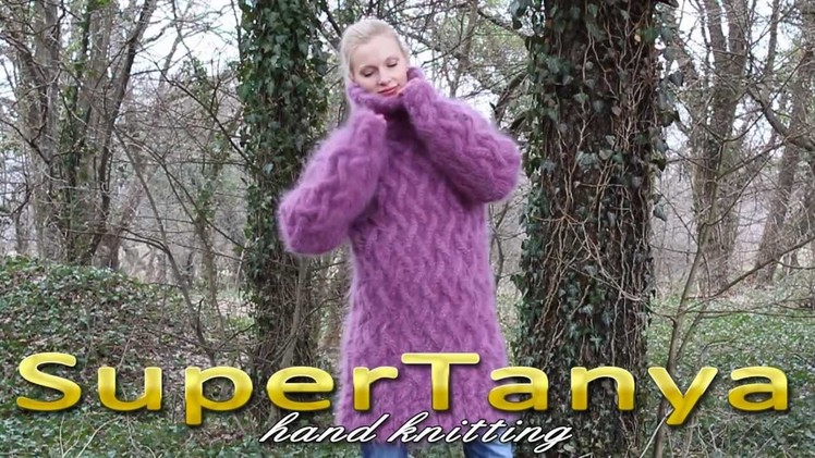 11.02.2013 Purple rich cable decorated hand knitted mohair T-neck sweater by SuperTanya