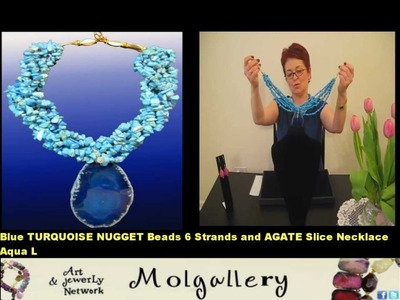 Blue TURQUOISE NUGGET Beads 6 Strands and AGATE Slice Necklace Aqua L