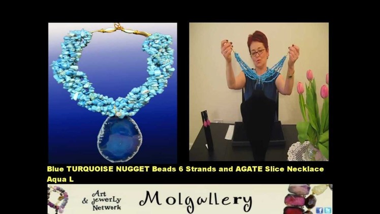 Blue TURQUOISE NUGGET Beads 6 Strands and AGATE Slice Necklace Aqua L