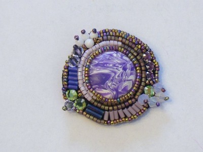 BeadsFriends: Beaded embroidery pin with polymer clay cabochon, bugles and Swarovski bicones