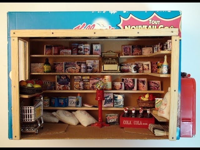 DIY: Miniature Grocery Store, made with cereal box, balsa wood, and food labels