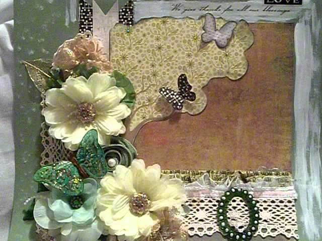 Green altered flower shabby chic shimmering scrapbook  layout