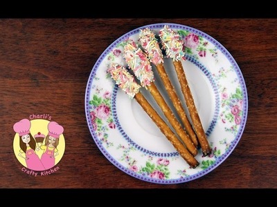 Make PRETZEL POPS - Easy and cute idea for a fairy princess party wand!  Tutorial by Charli & Ashlee