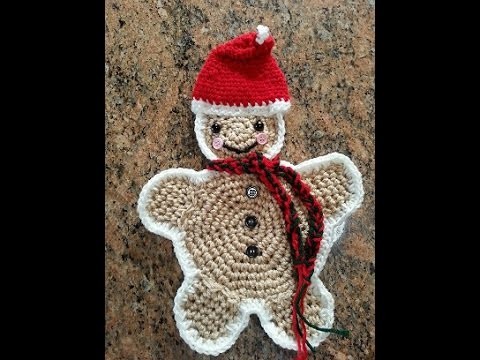 Crochet easy gingerbread man hot pad potholder DIY tutorial