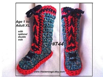RED SOLE CROCHETED SLIPPERS, Tall Laced Up Boot Style Crochet Slippers.